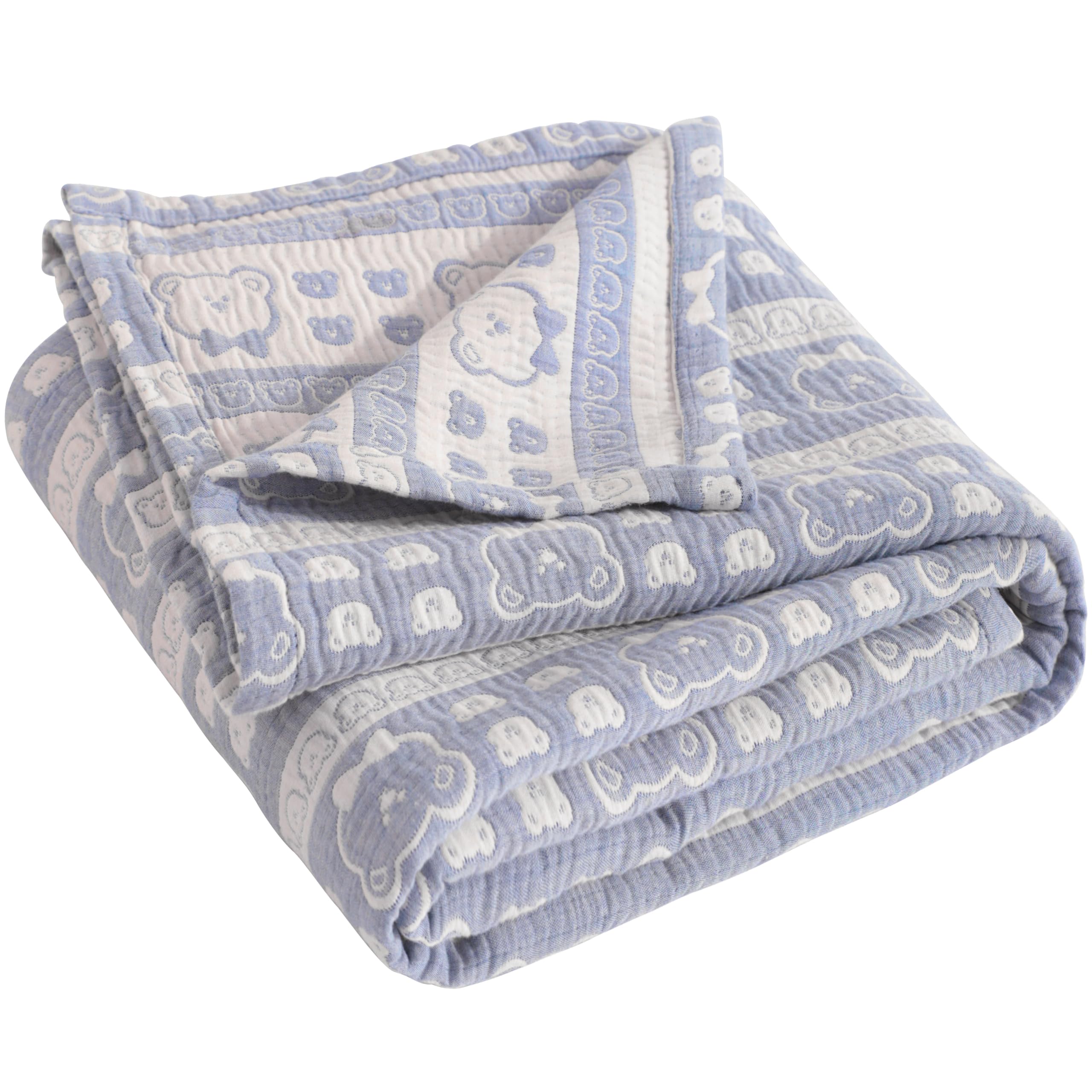 NTBAY 3-layer muslin toddler blanket blue bear front for gentle warmth across seasons