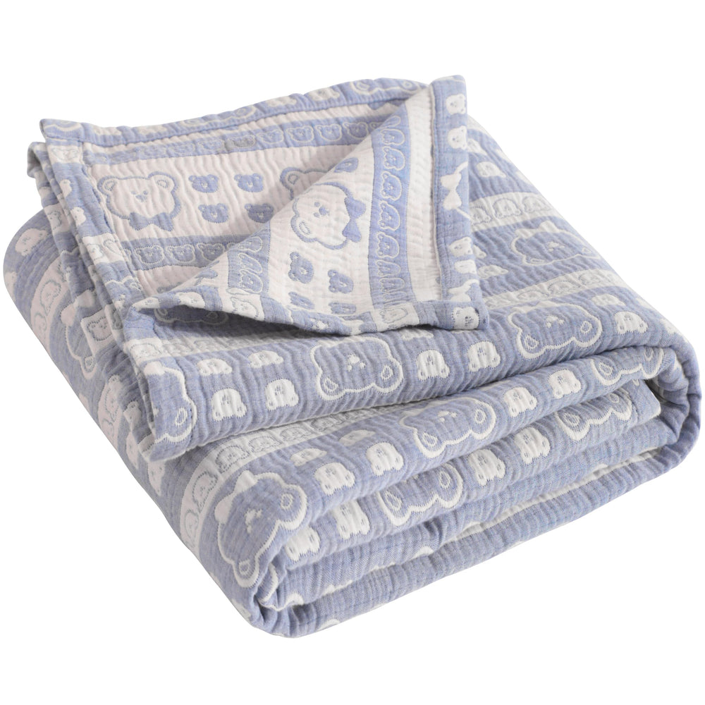 NTBAY 3-layer muslin toddler blanket blue bear front for gentle warmth across seasons