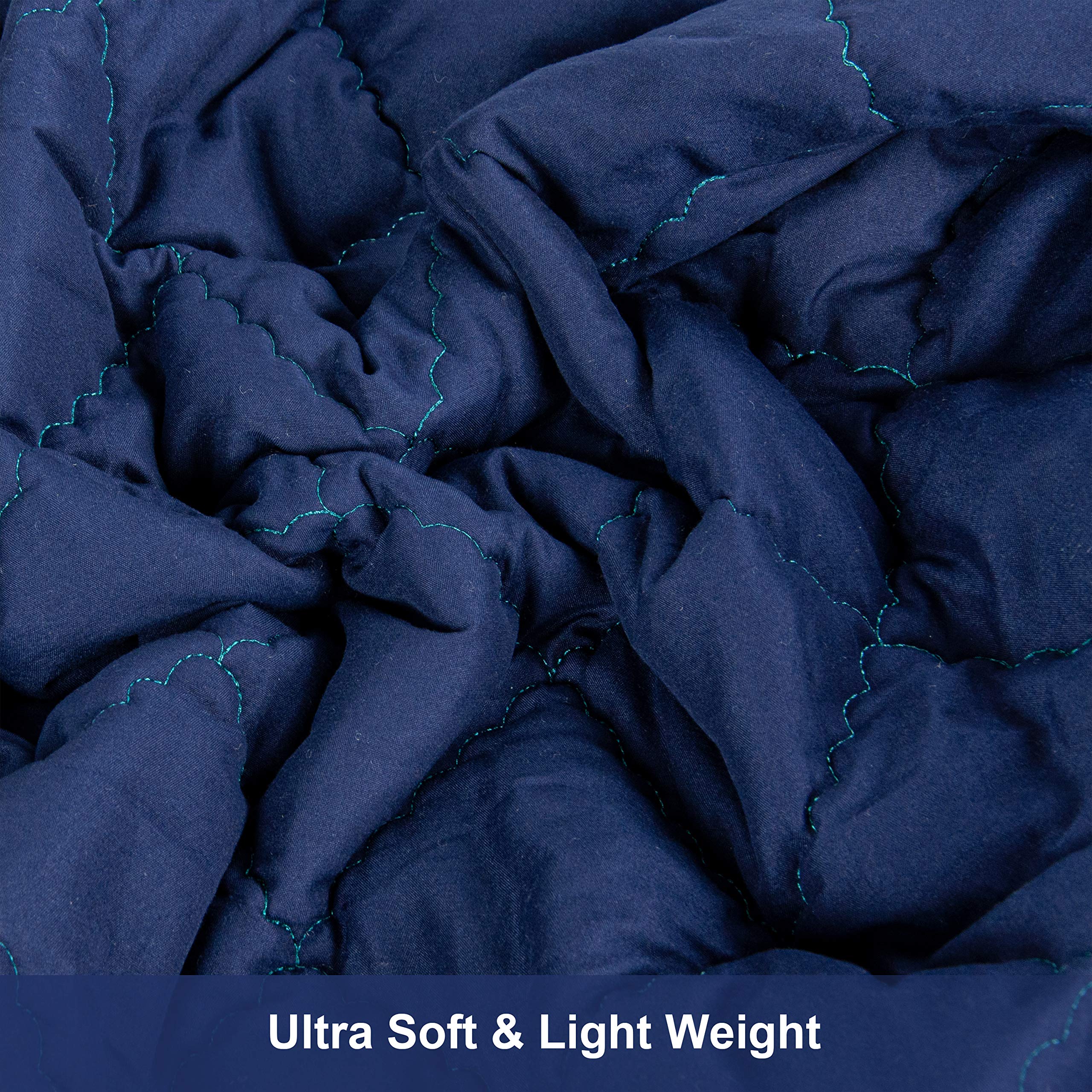 NTBAY comforter navy folded in nursery highlights compact size and portable travel warmth.