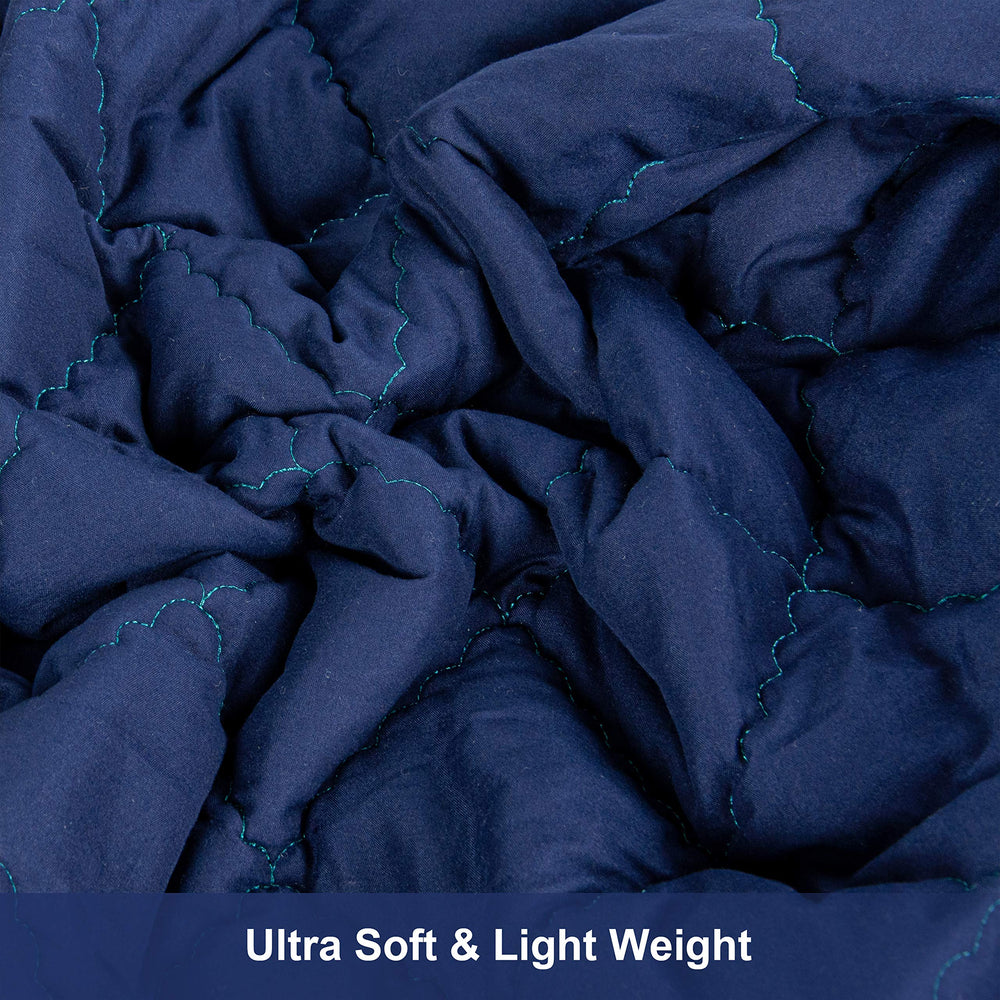 NTBAY comforter navy folded in nursery highlights compact size and portable travel warmth.