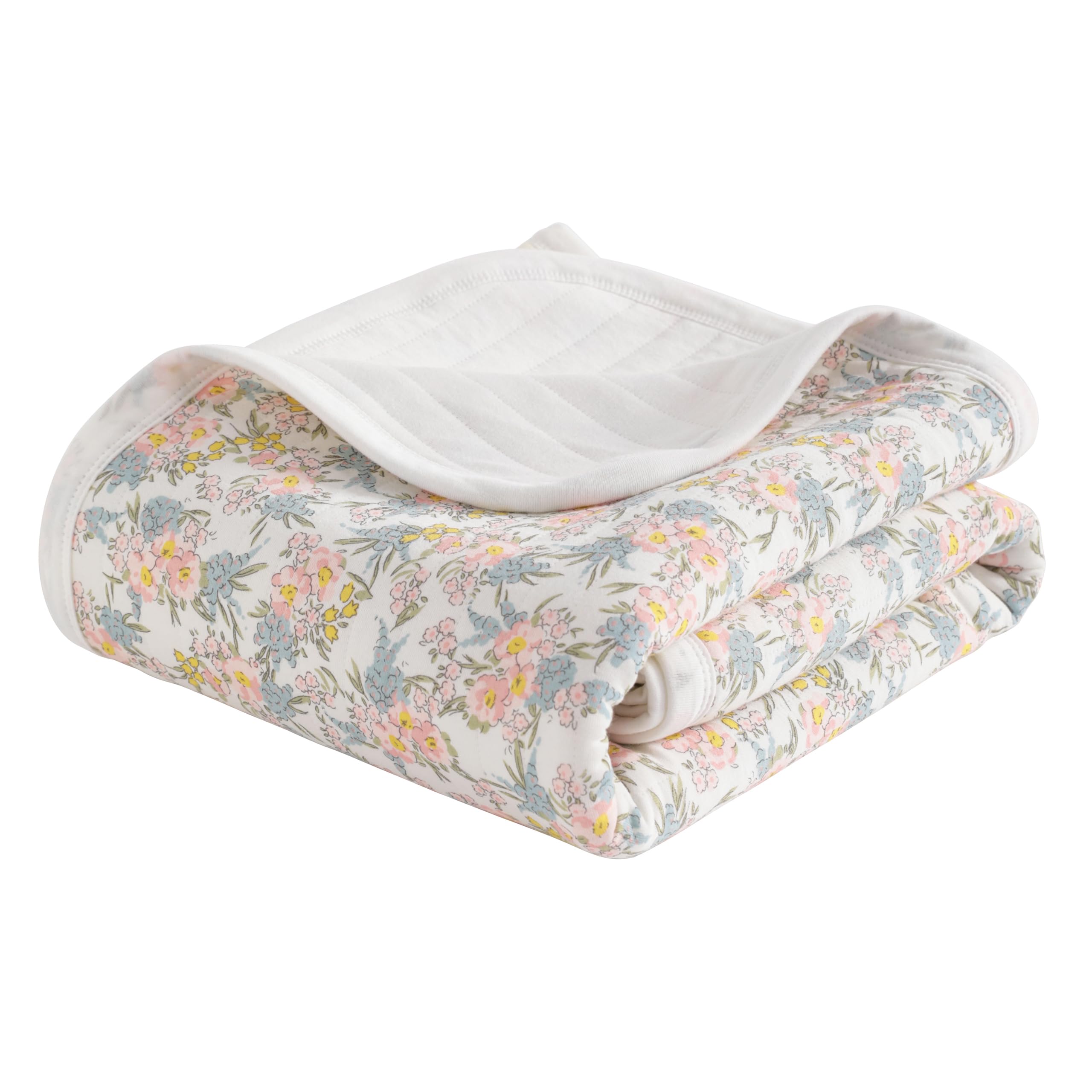 NTBAY Jersey Cotton Quilted Toddler Blanket pink floral close-up showing soft knit texture and cozy feel