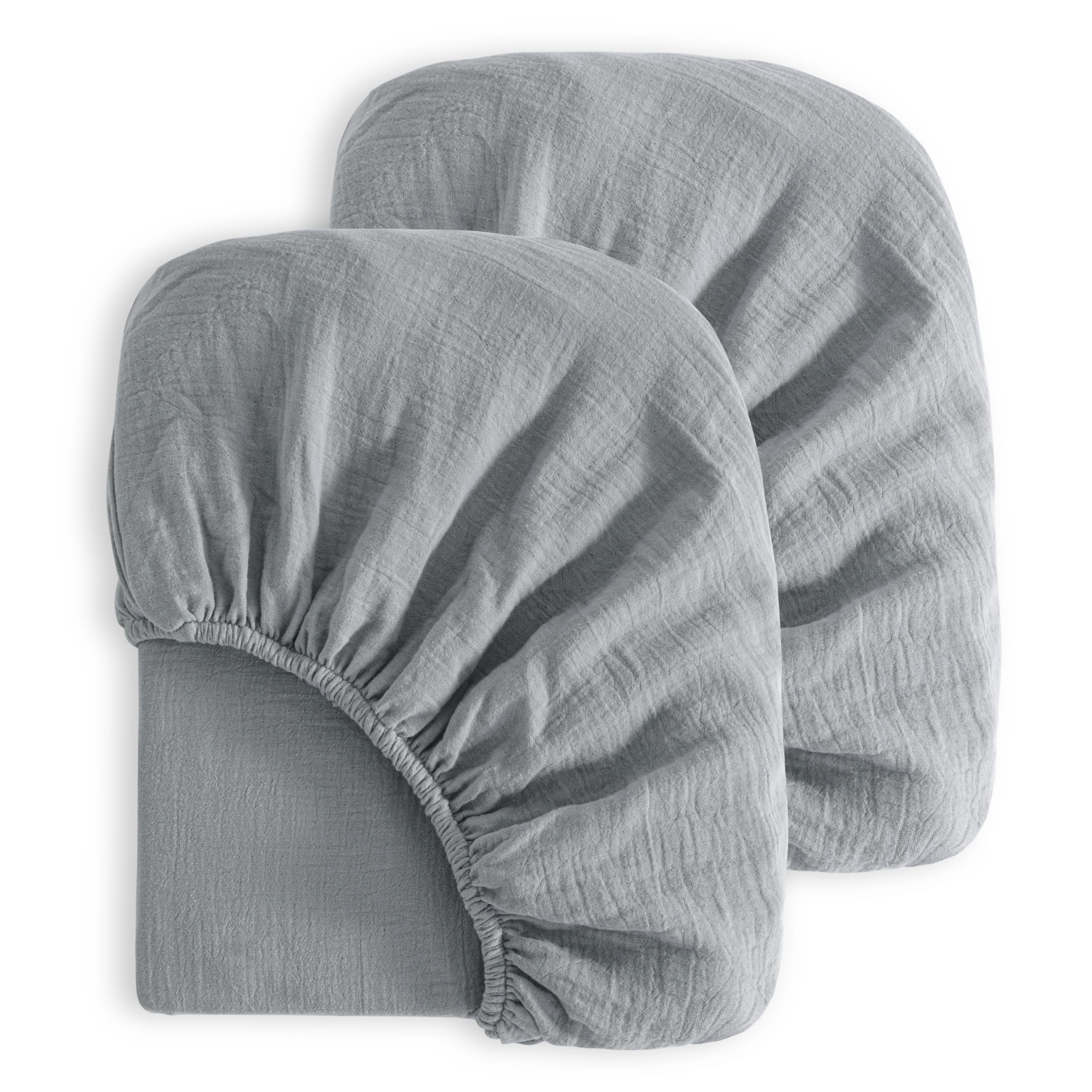 NTBAY muslin crib sheet two-pack in gray offers breathable comfort for nap time.