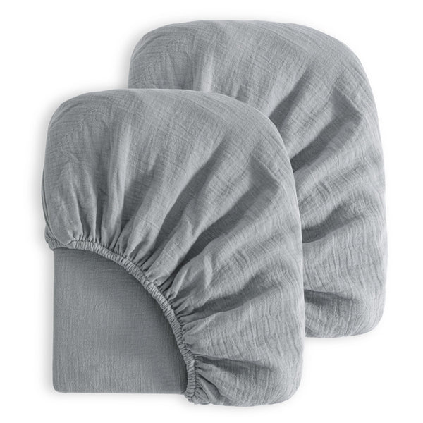 NTBAY muslin crib sheet two-pack in gray offers breathable comfort for nap time.