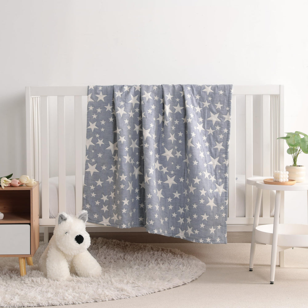 NTBAY toddler blanket back pattern with white and blue stars for reversibility.