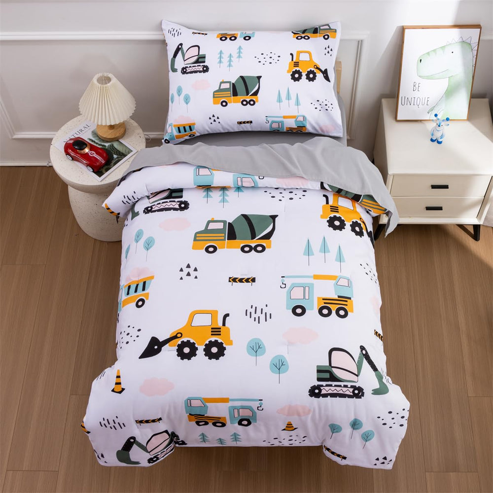 NTBED 4-piece toddler bedding set with construction theme on a green bed, durable microfiber.