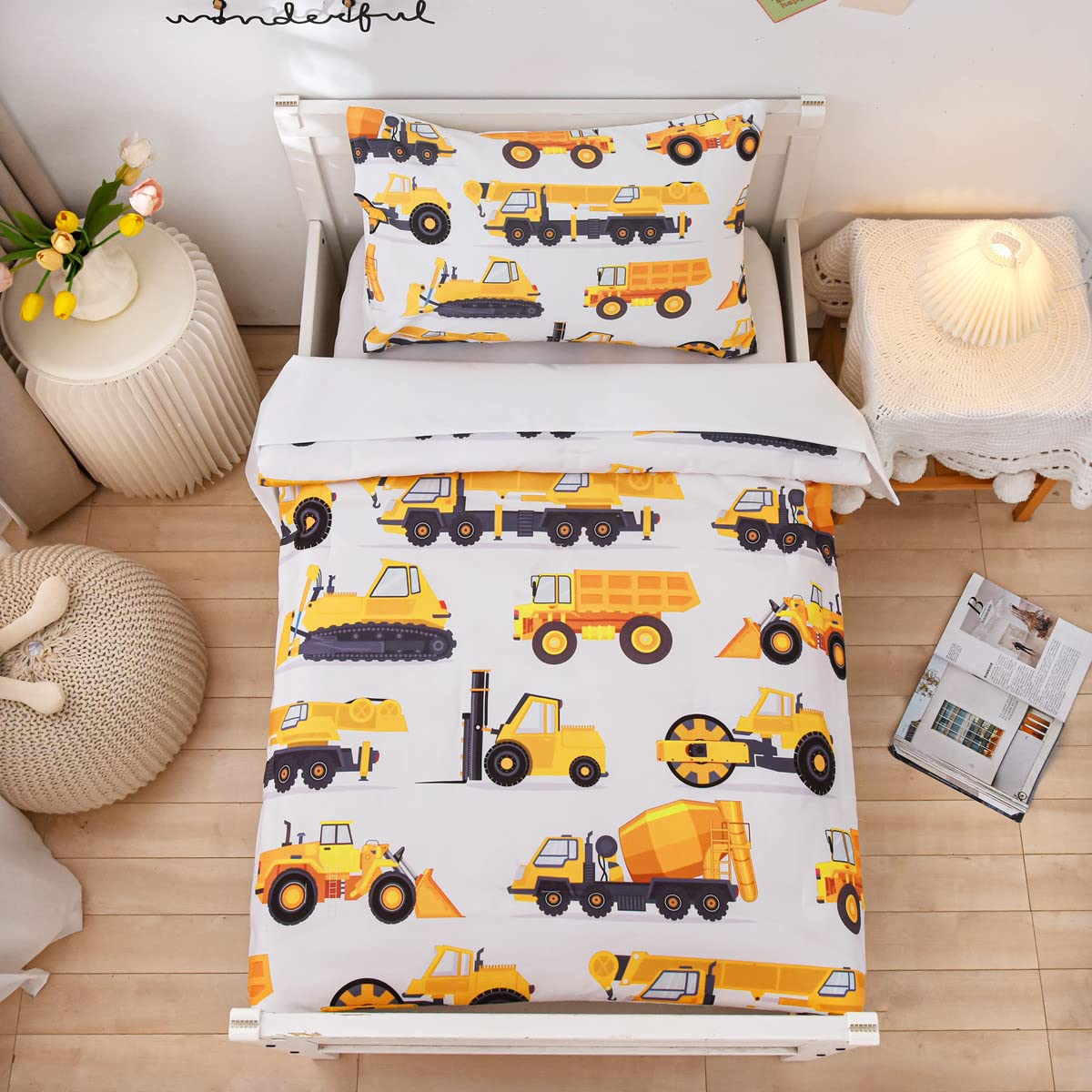 NTBED construction toddler bedding set overview image showing the full set for playful bedtime routines.