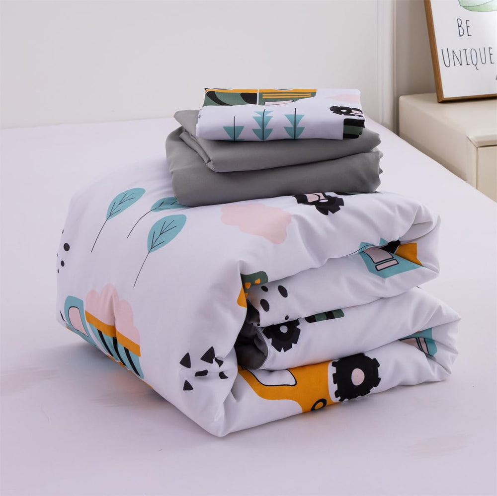 NTBED on-bed setup with full 4-piece set in a child’s construction-themed room.