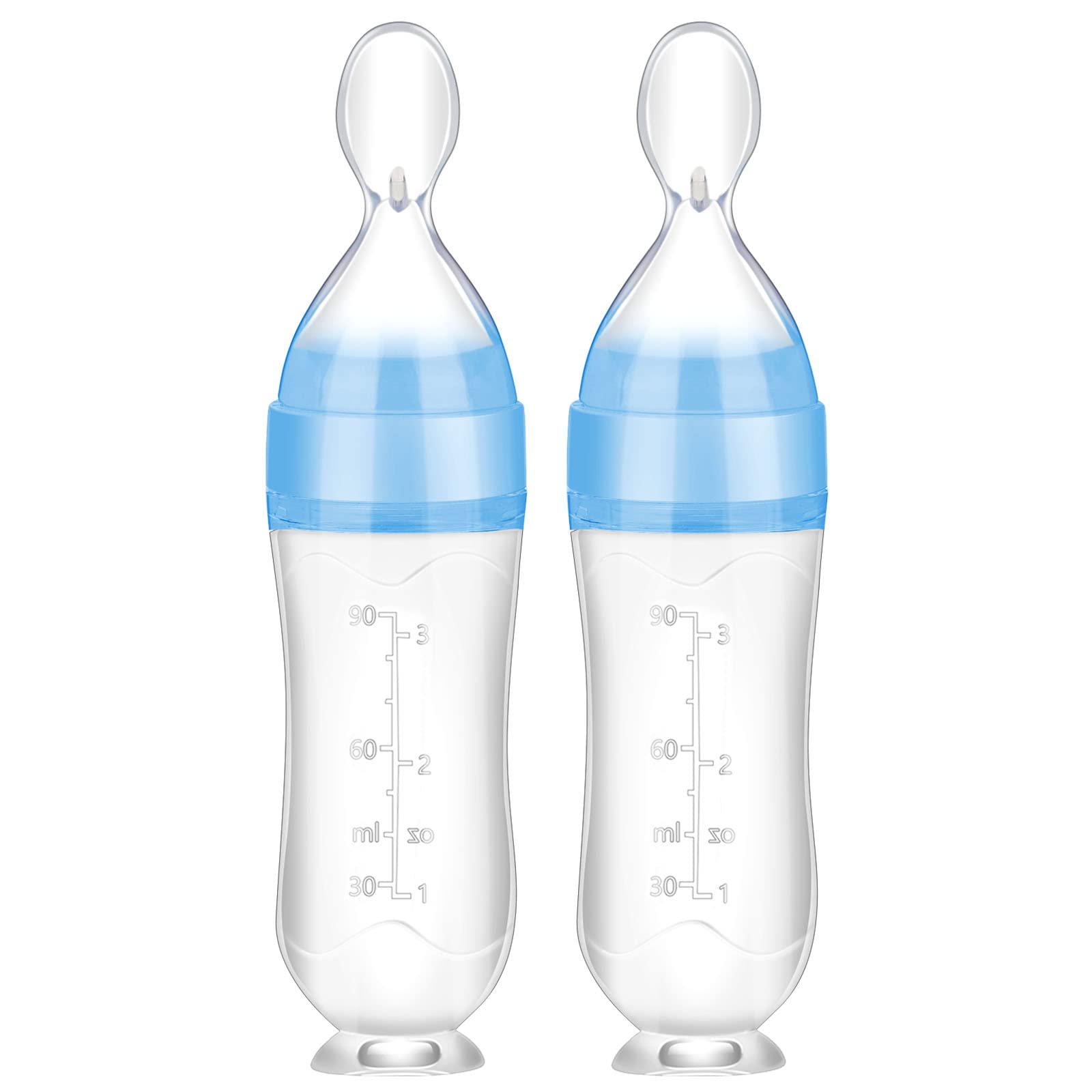 Nuanchu baby feeder spoon with blue cap enables easy one-handed feeding.