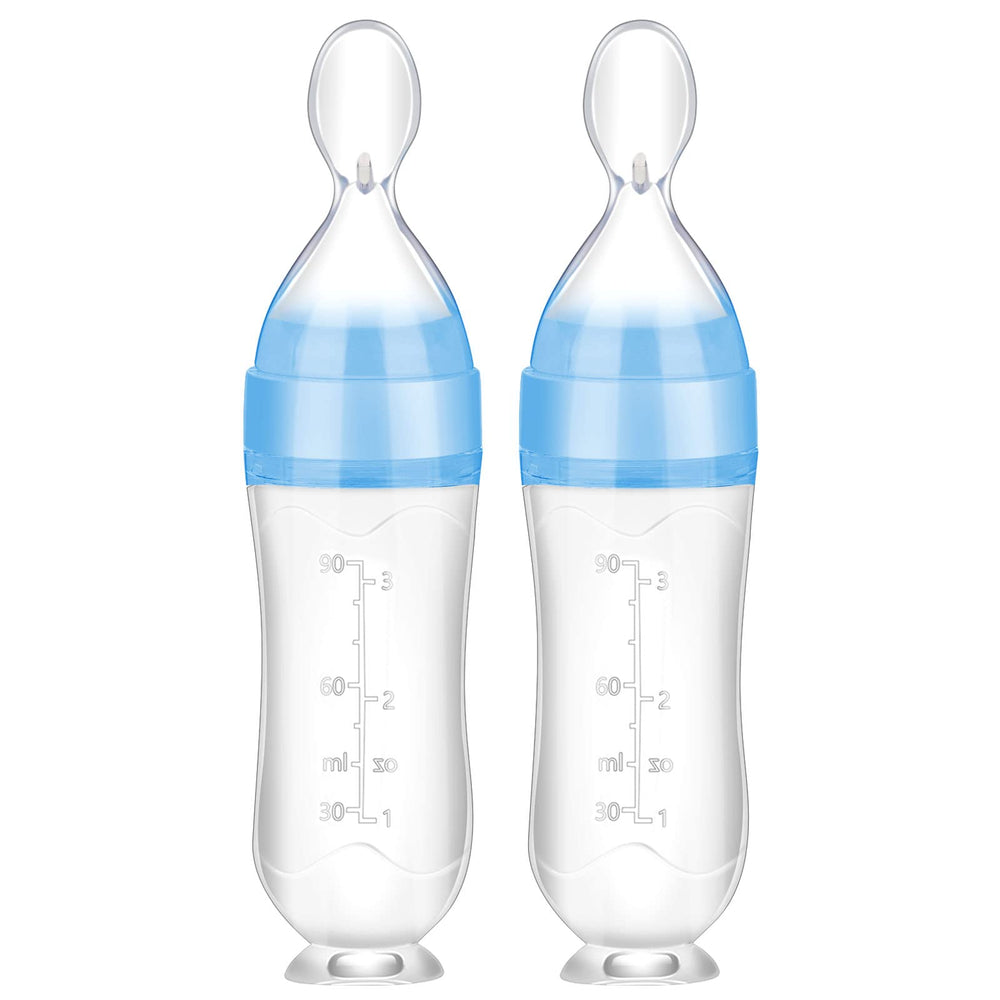 Nuanchu baby feeder spoon with blue cap enables easy one-handed feeding.