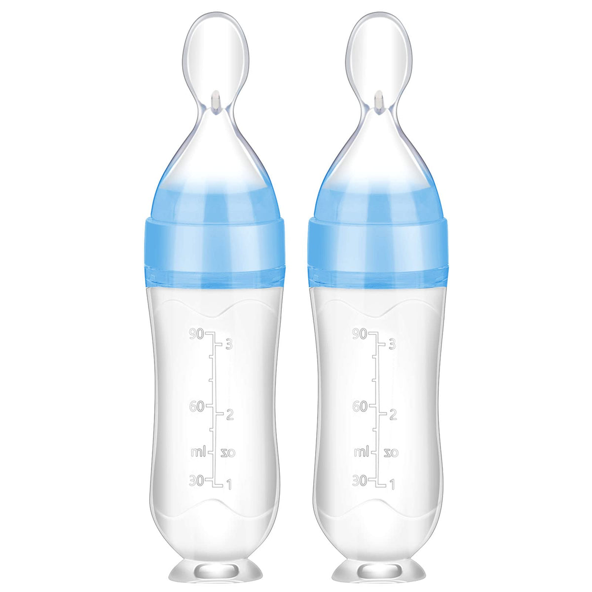 Nuanchu baby feeder spoon with blue cap enables easy one-handed feeding.