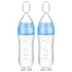Nuanchu baby feeder spoon with blue cap enables easy one-handed feeding.