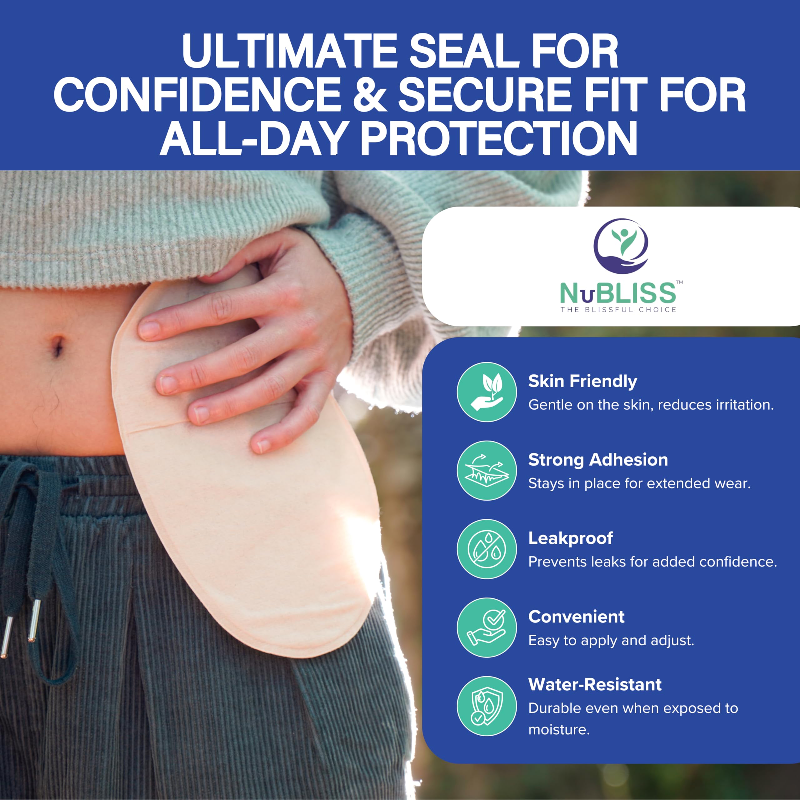 NuBliss ostomy barrier strip adhesion-edge enhancement reinforces the seal.