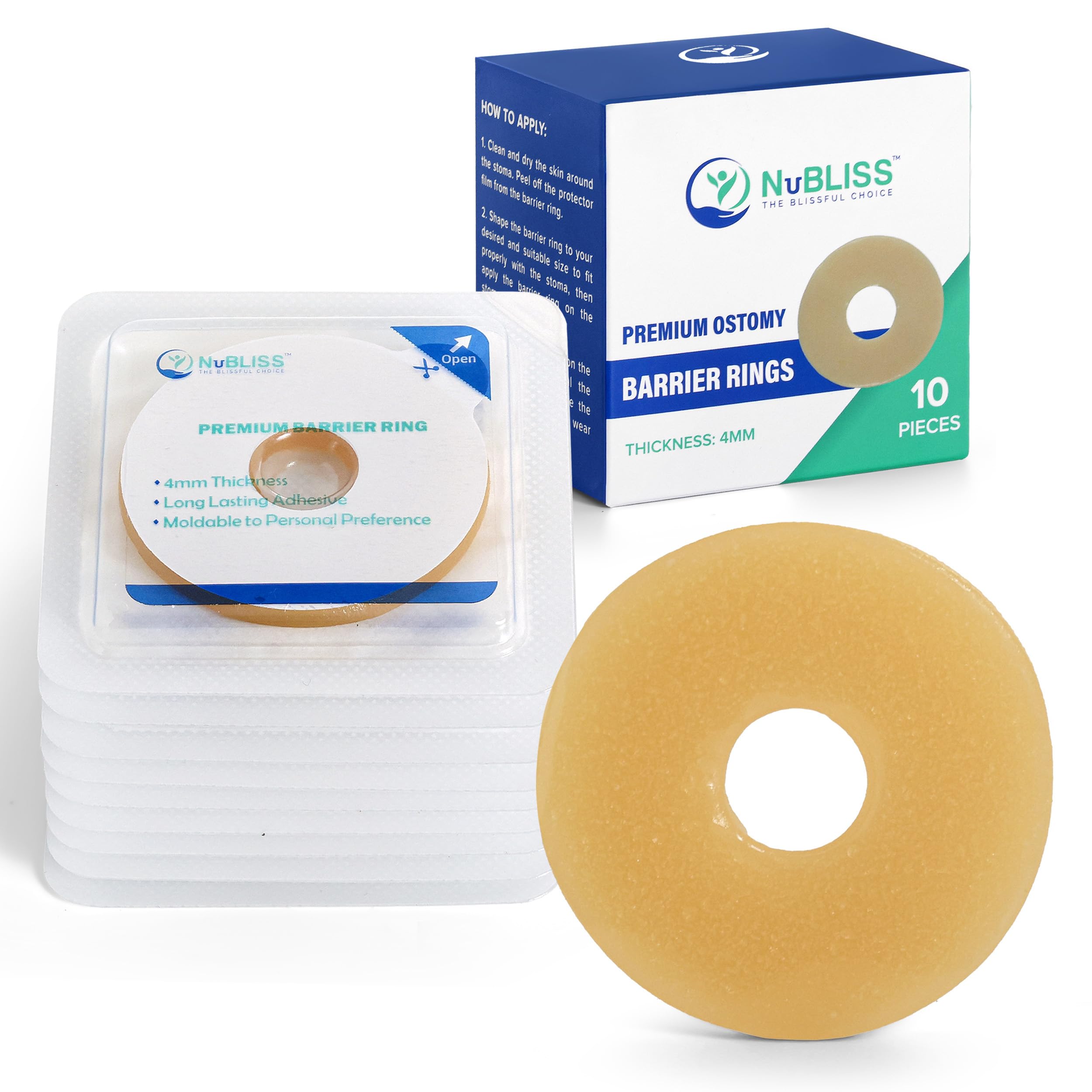NuBliss moldable ostomy barrier ring 10-pack shown in package for convenient daily care