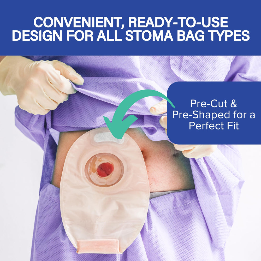 NuBliss universal-fit ostomy bags shown for colostomy, ileostomy, and urostomy compatibility.