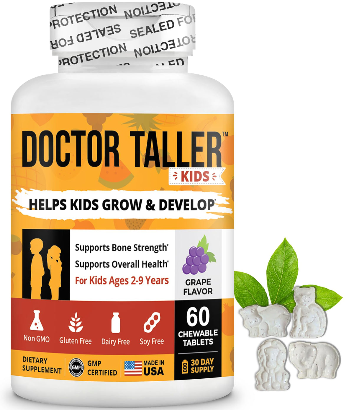 NuBest Doctor Taller Kids bottle front with grape-flavored chewables for daily nourishment.
