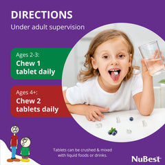 NuBest Tall Kids 120 chewables bottle front showing bottle content and size.