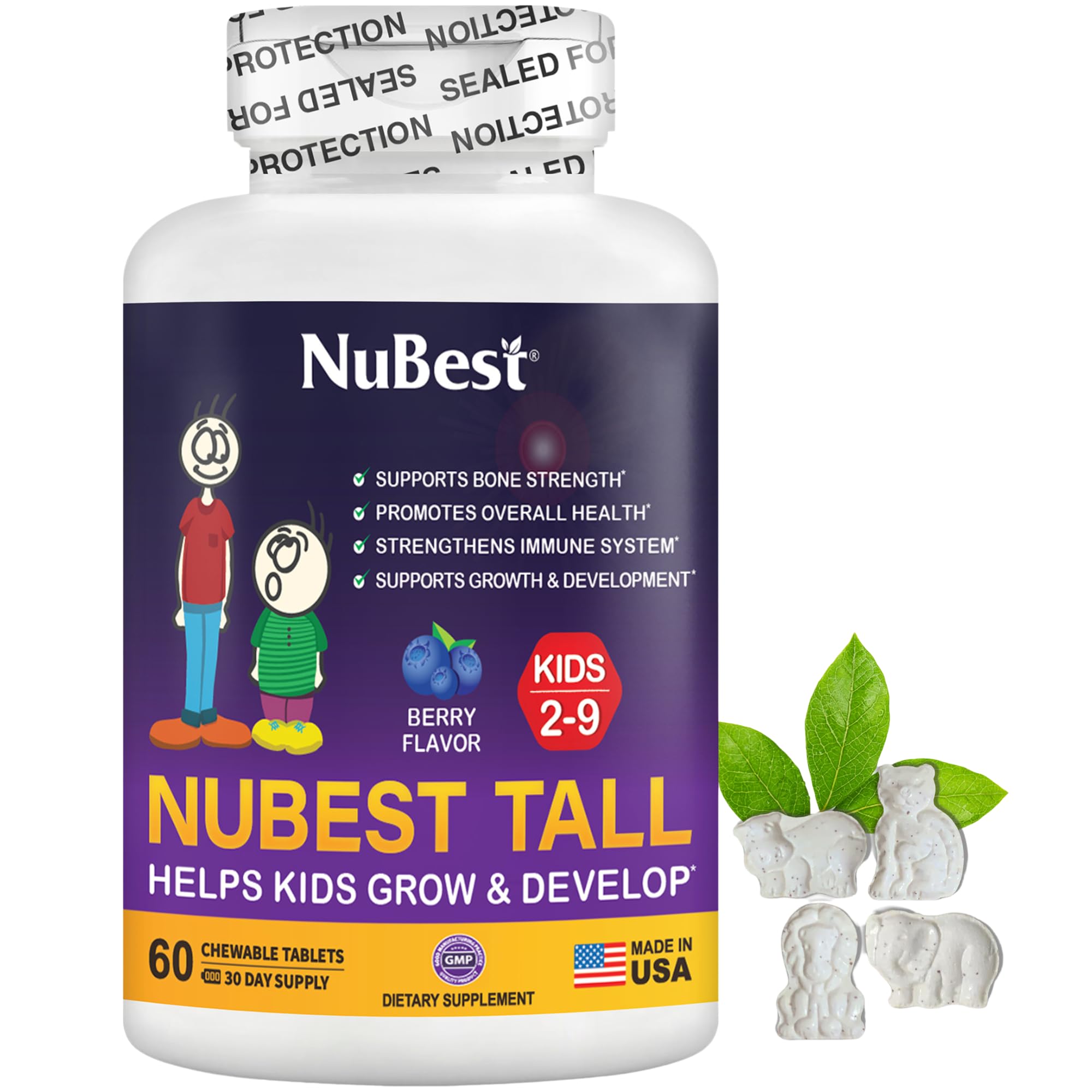 NuBest Tall Kids bottle front with berry chewables supporting daily nutrition