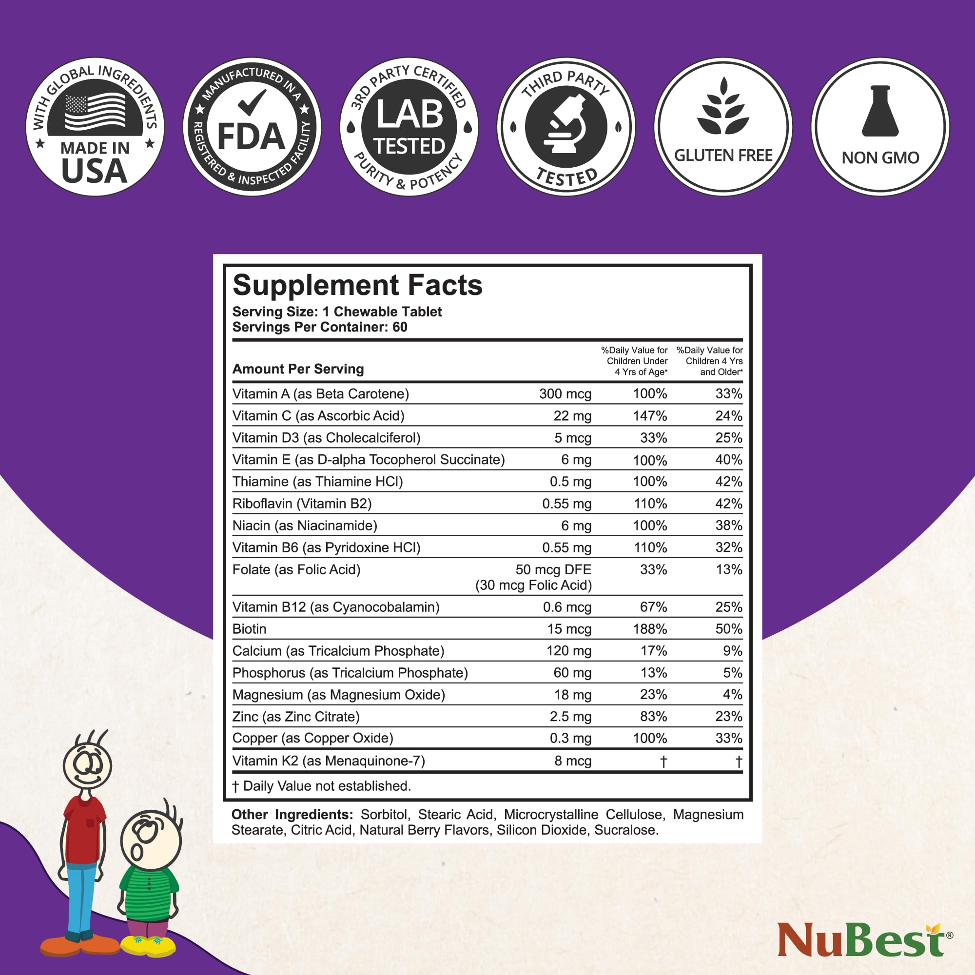 NuBest Tall Kids USA-made bottle label highlighting cGMP and quality.