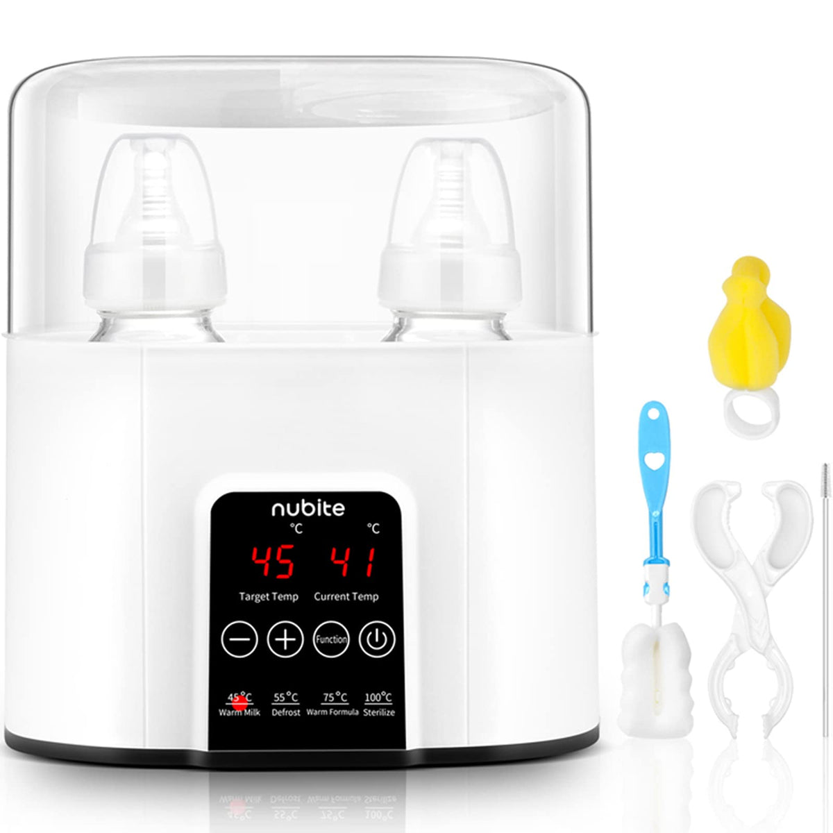nubite Double Bottle Warmer front view shows compact twin design for busy parents.