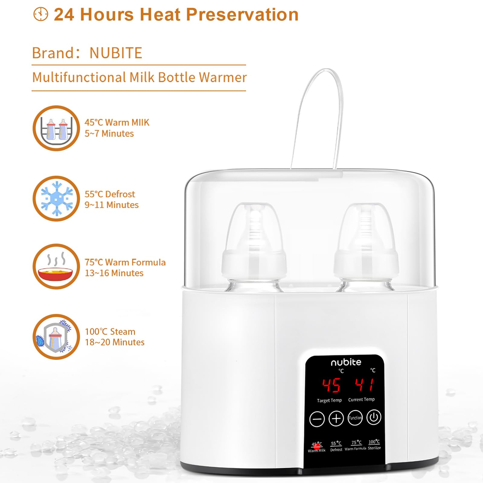 nubite Double Bottle Warmer with lid open demonstrates easy loading for different bottle shapes.