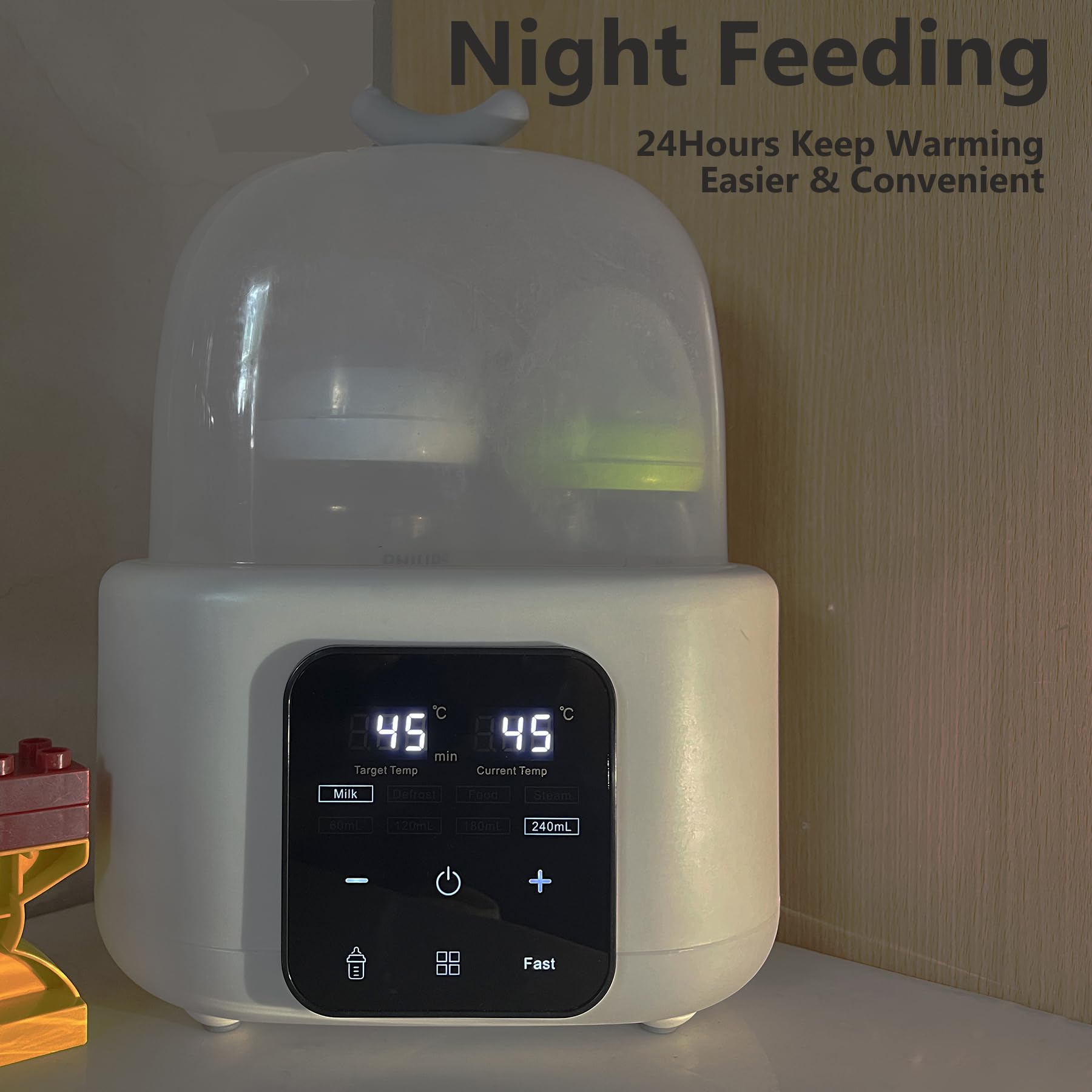 Nubite night-feeding scenario demonstrates quick access to warm milk during night.