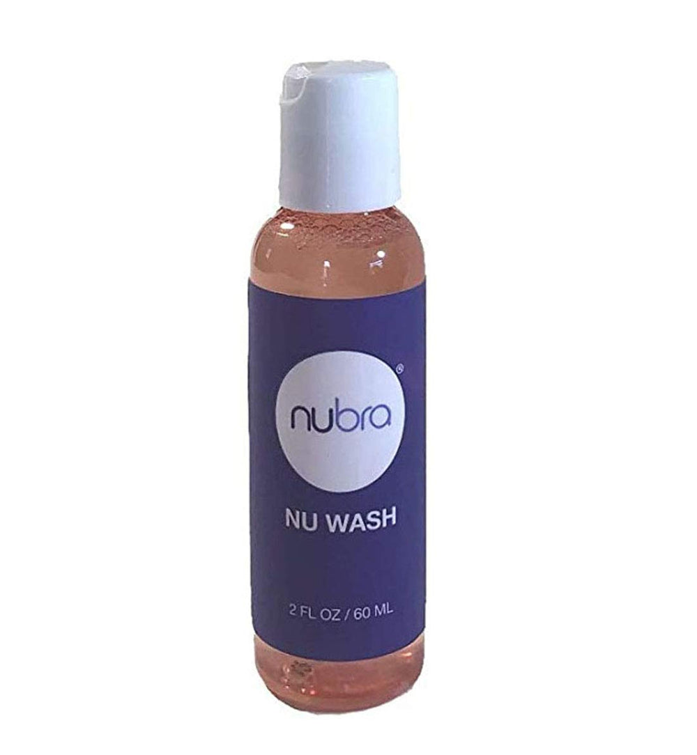 NuBra Nu Wash silicone bra cleanser bottle for gentle adhesive bra care and cleaning.