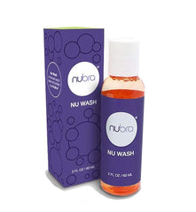 NuBra Nu Wash cleanser label close-up showing easy, safe silicone bra care.