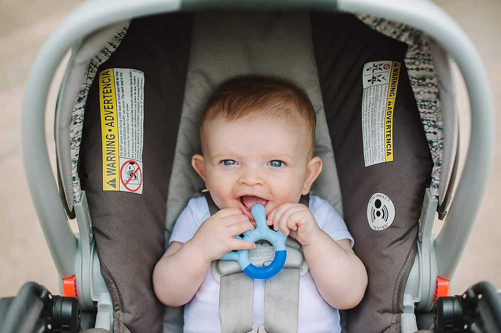 Nuby colorfully shaped set teether in pink purple aqua boosts engagement