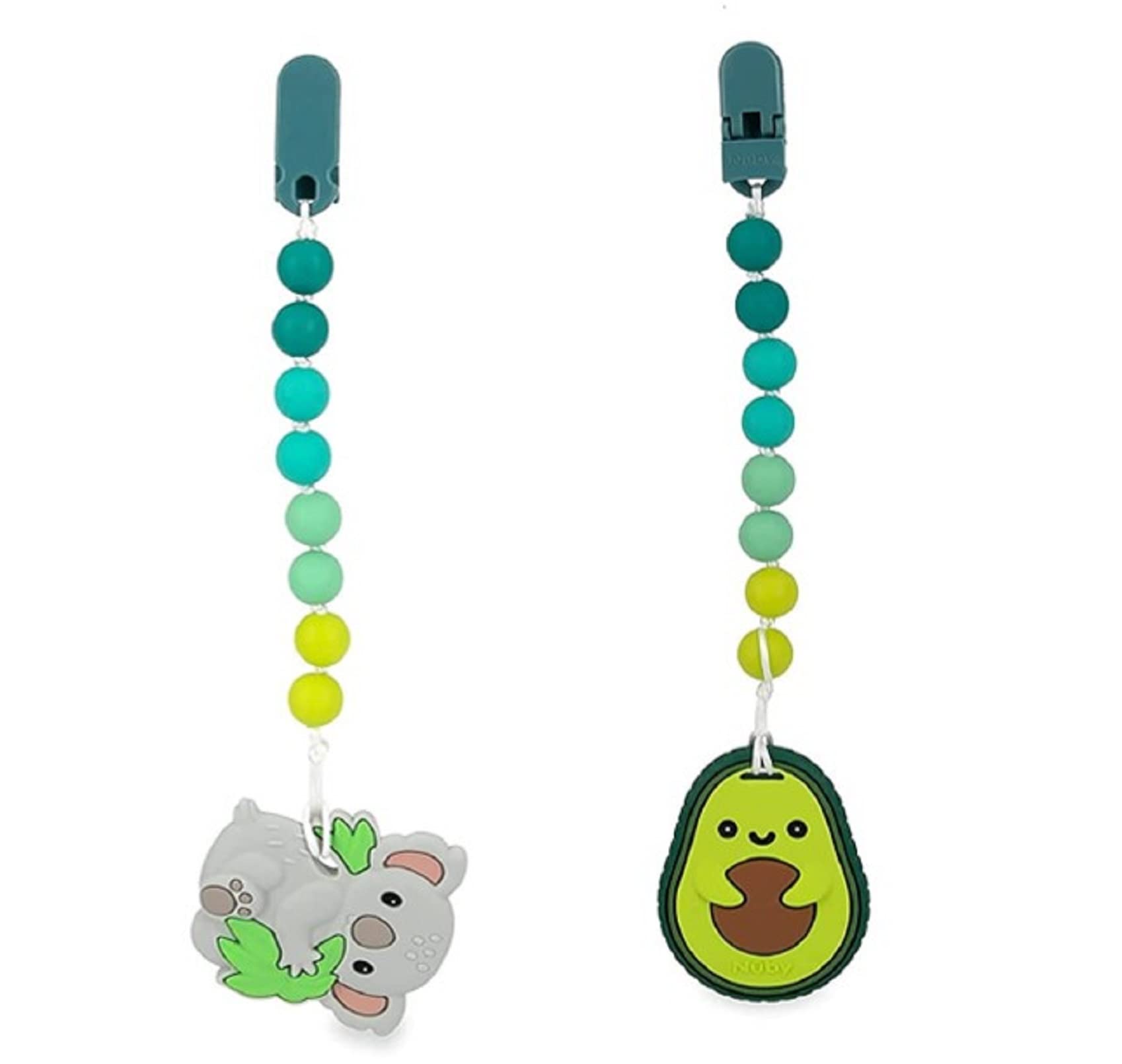 Nuby all silicone teether with pacifinder clip featuring Koala and Avocado helps keep pacifier handy.