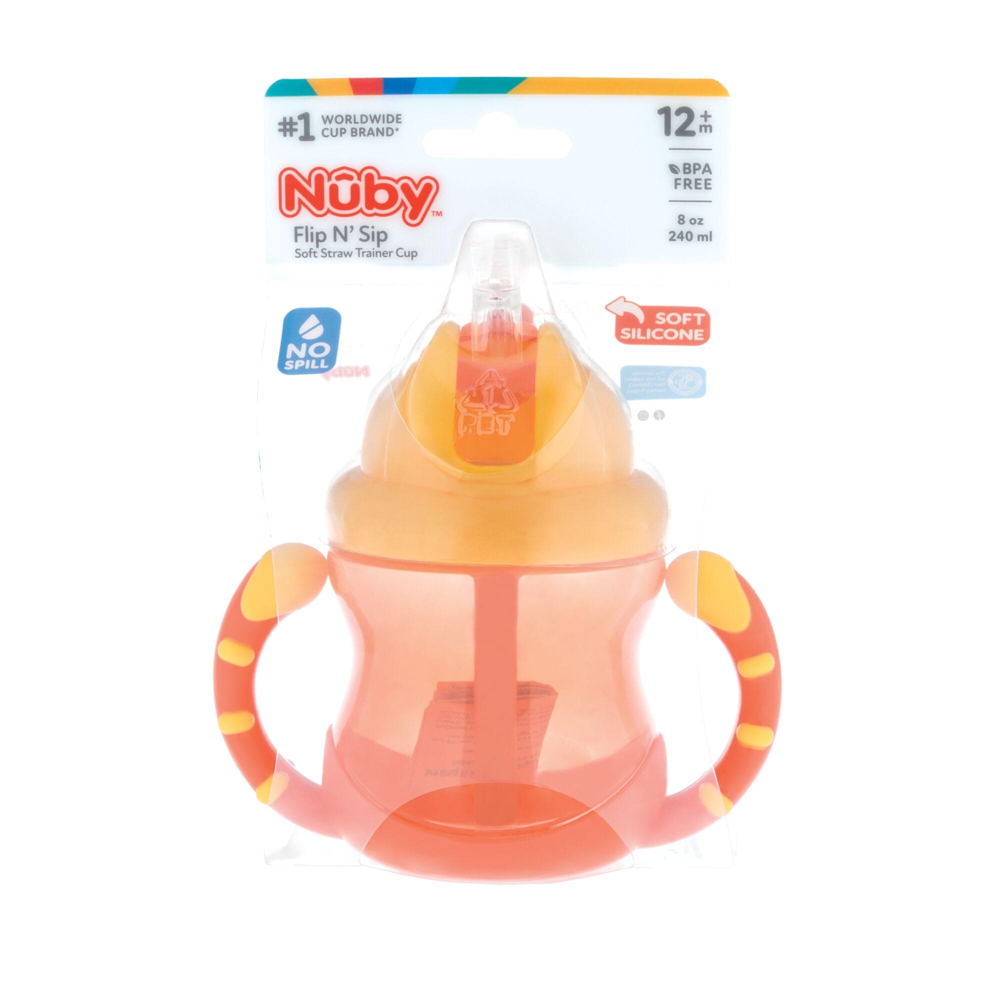Nuby 2 Handle Flip n' Sip Straw Cup - 8 oz, 12 Months+, Orange | No-Spill Sippy Cup