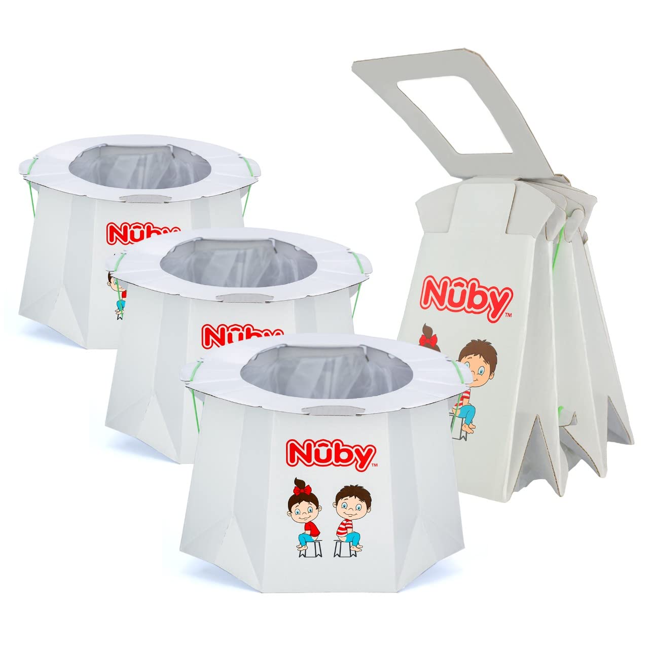 Nuby disposable travel potty folded compact for easy packing on trips.