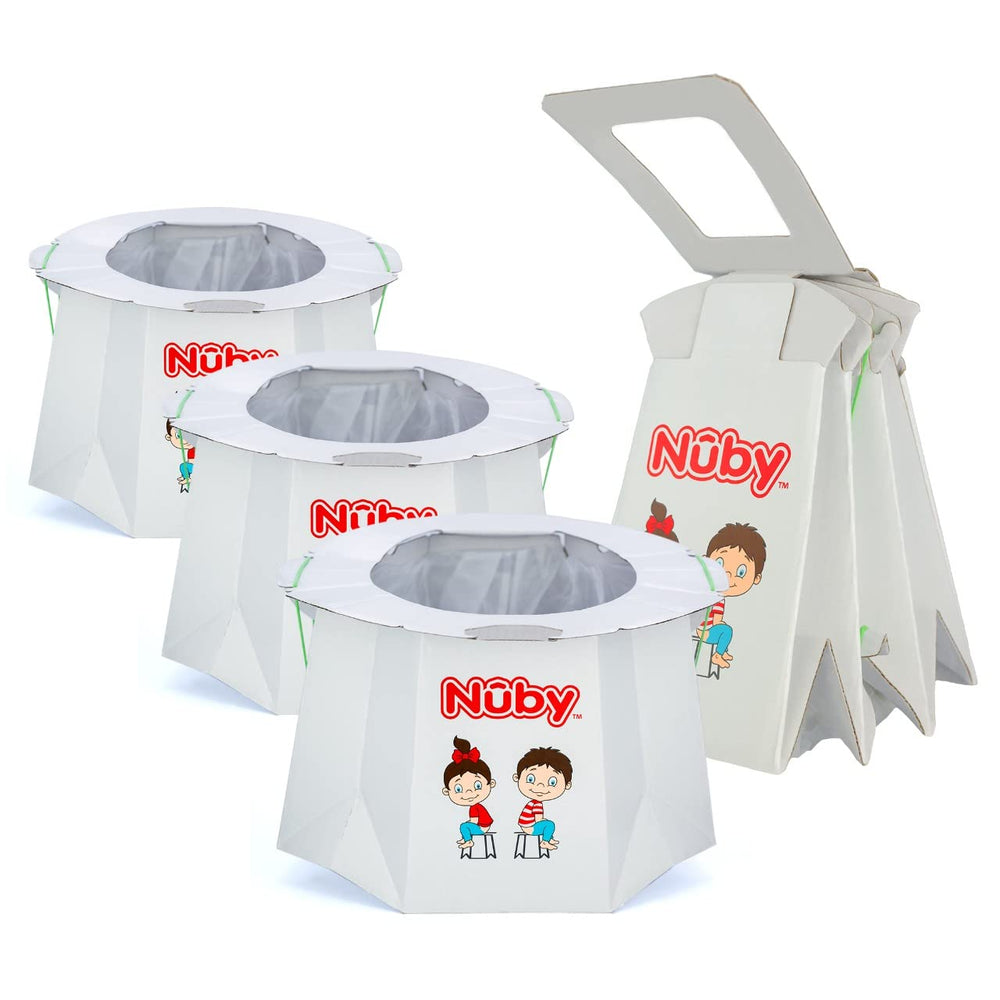 Nuby disposable travel potty folded compact for easy packing on trips.