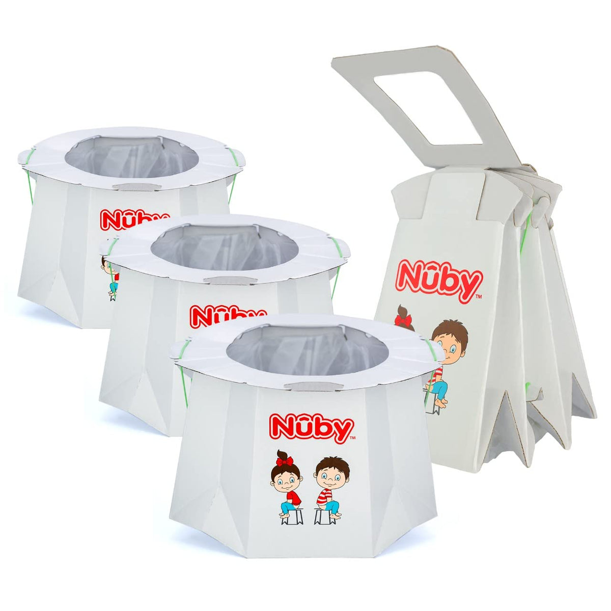 Nuby disposable travel potty folded compact for easy packing on trips.