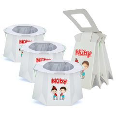 Nuby disposable travel potty folded compact for easy packing on trips.