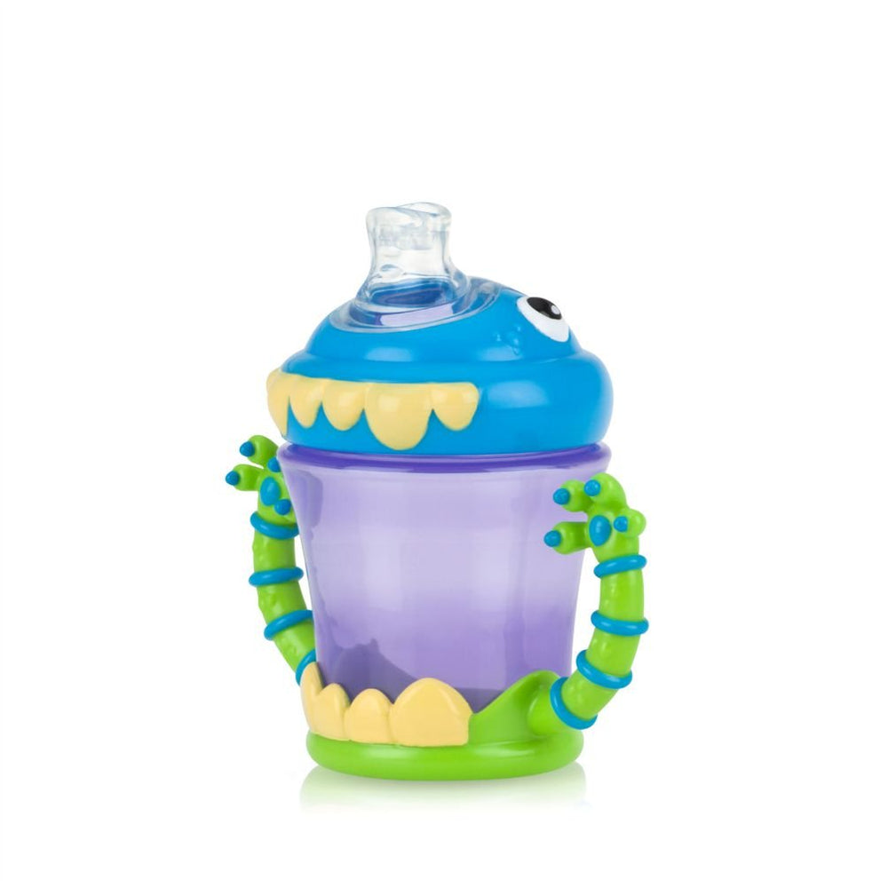 Nuby iMonster no-spill cup with soft spout for easy sipping and mess control.