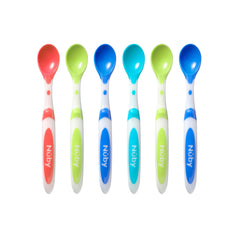 Nuby long-handle weaning spoon in colorful collection for easy reach to pot bottoms.