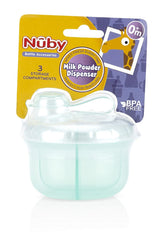Nuby dispenser showing attached cap for mess-free access during travel.