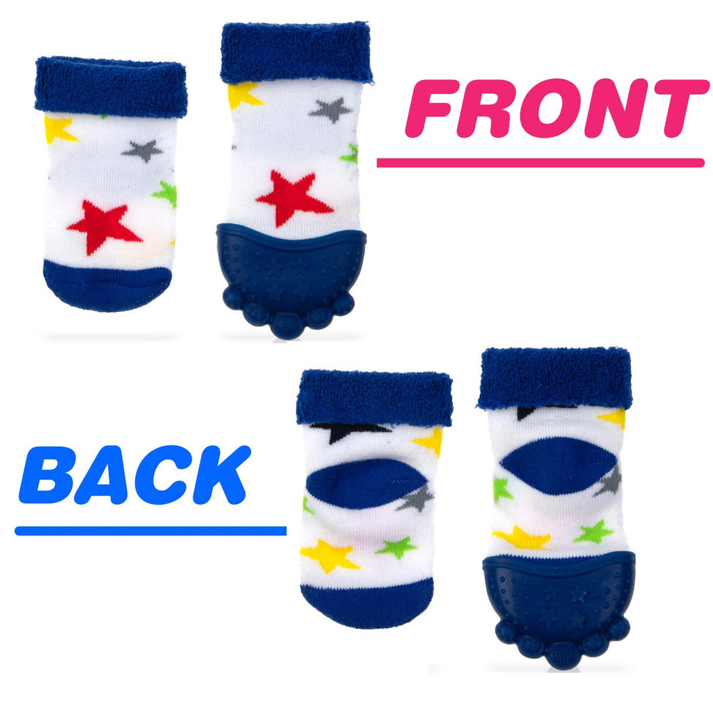Nuby soothing teether sock blue stars on baby foot demonstrates soothing design