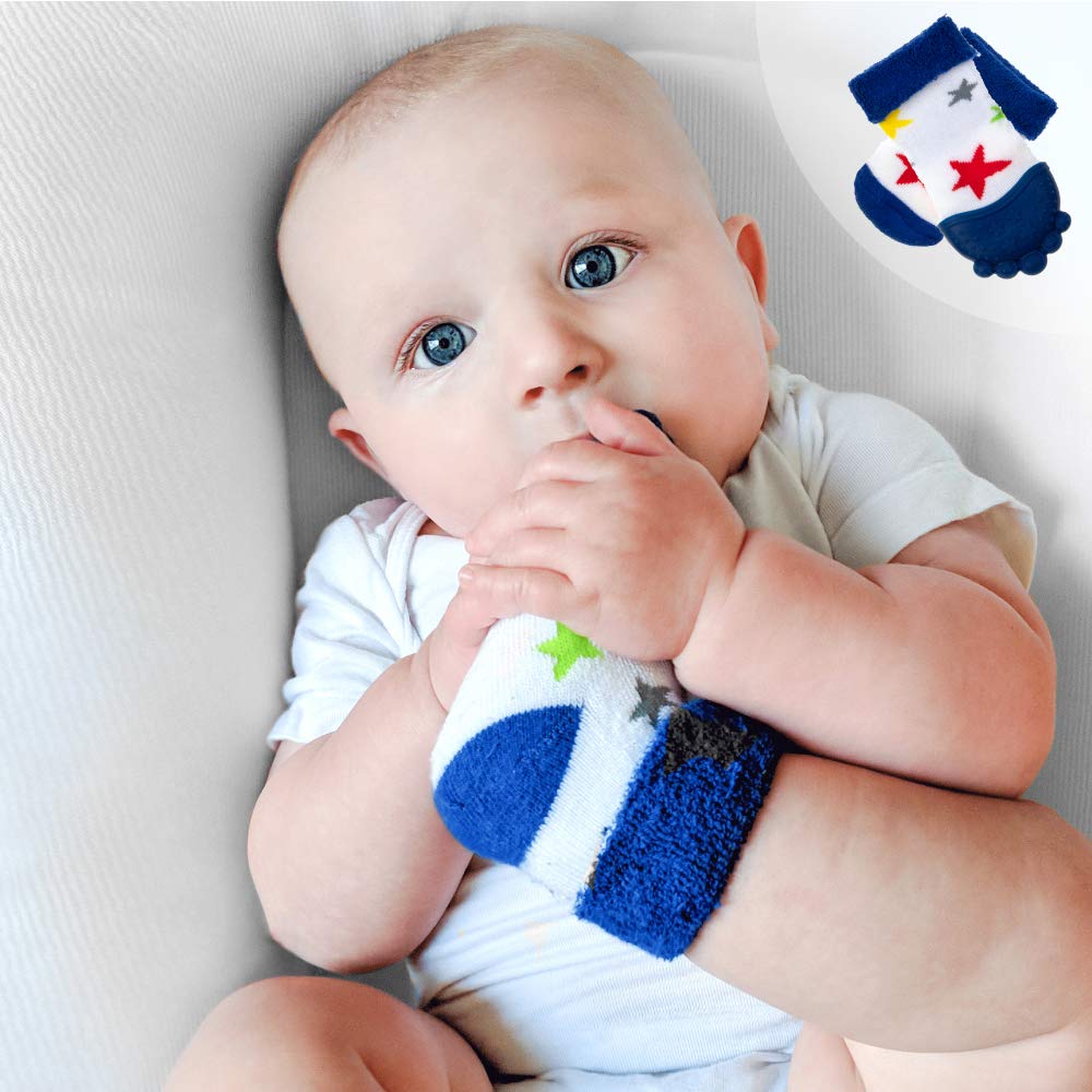 Nuby soothing teether sock blue stars front view for gentle gum engagement