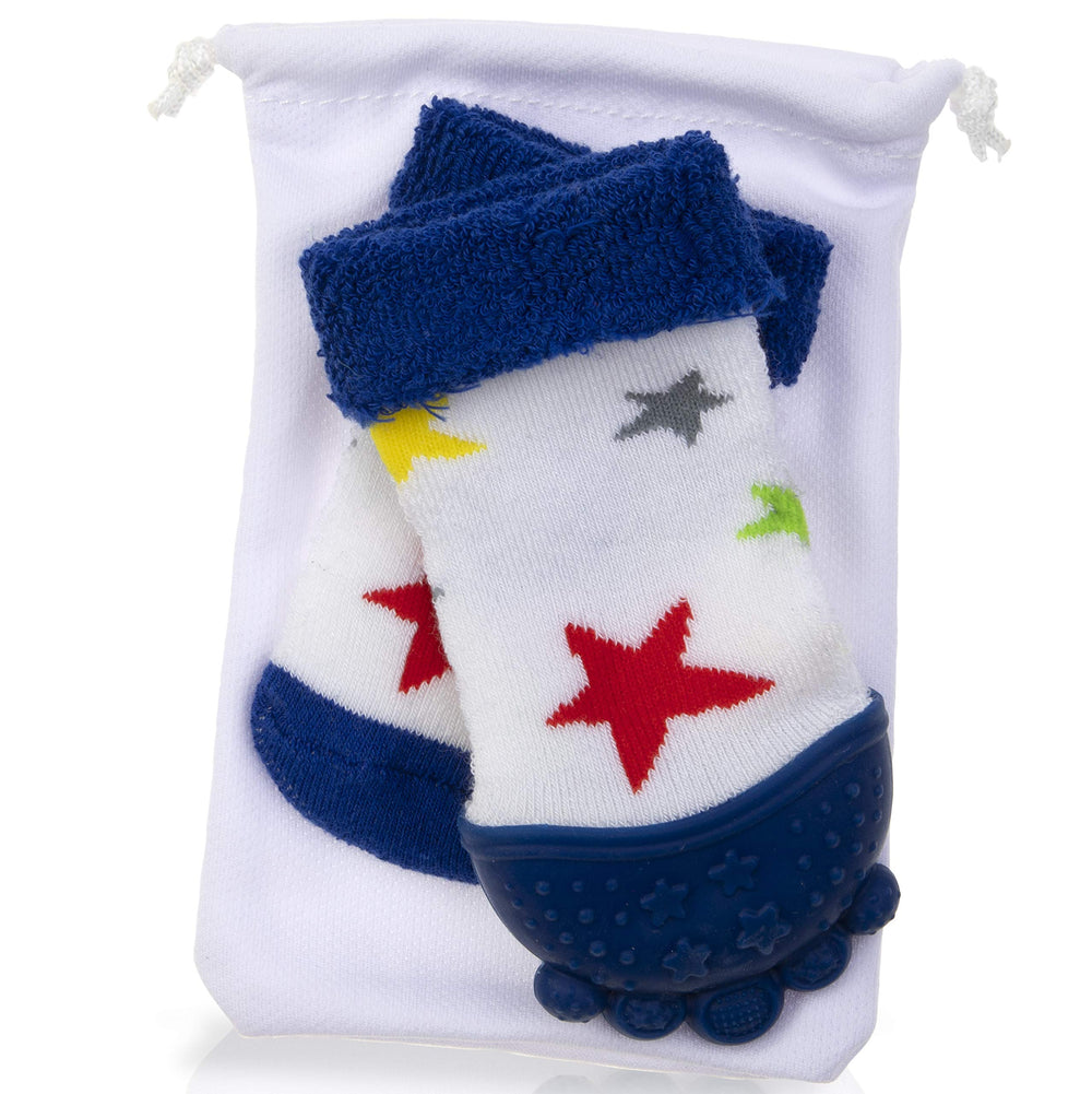 Nuby soothing teether sock blue stars teether sock close-up showing flexible silicone texture