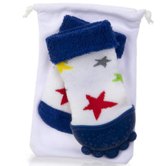 Nuby soothing teether sock blue stars teether sock close-up showing flexible silicone texture