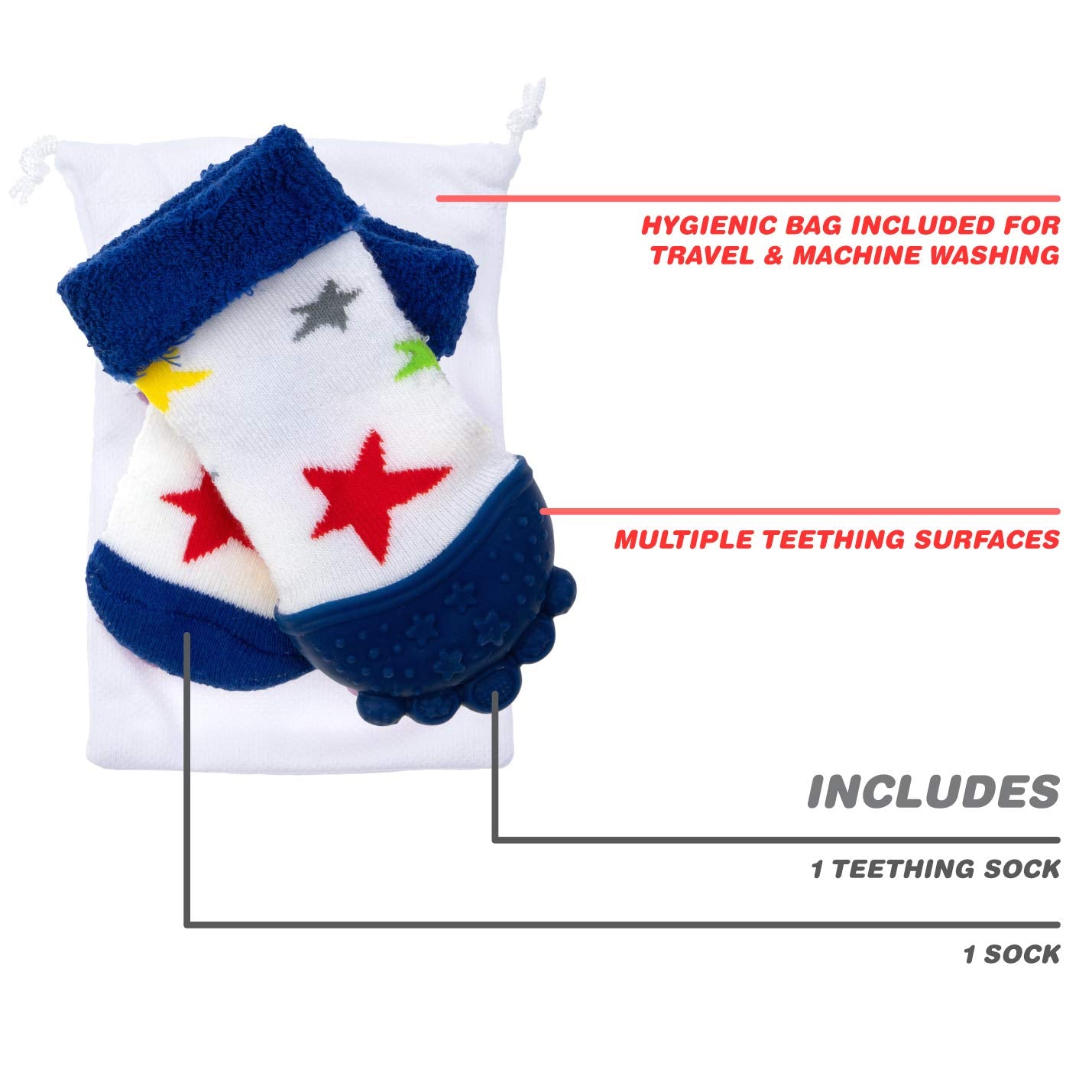 Nuby soothing teether sock blue stars travel bag keeps items clean on the go