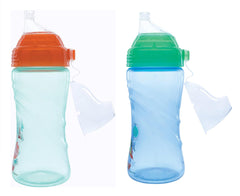 Nuby Thirsty Kids No-Spill cup two-pack in Green and Orange with easy-grip base for active play.