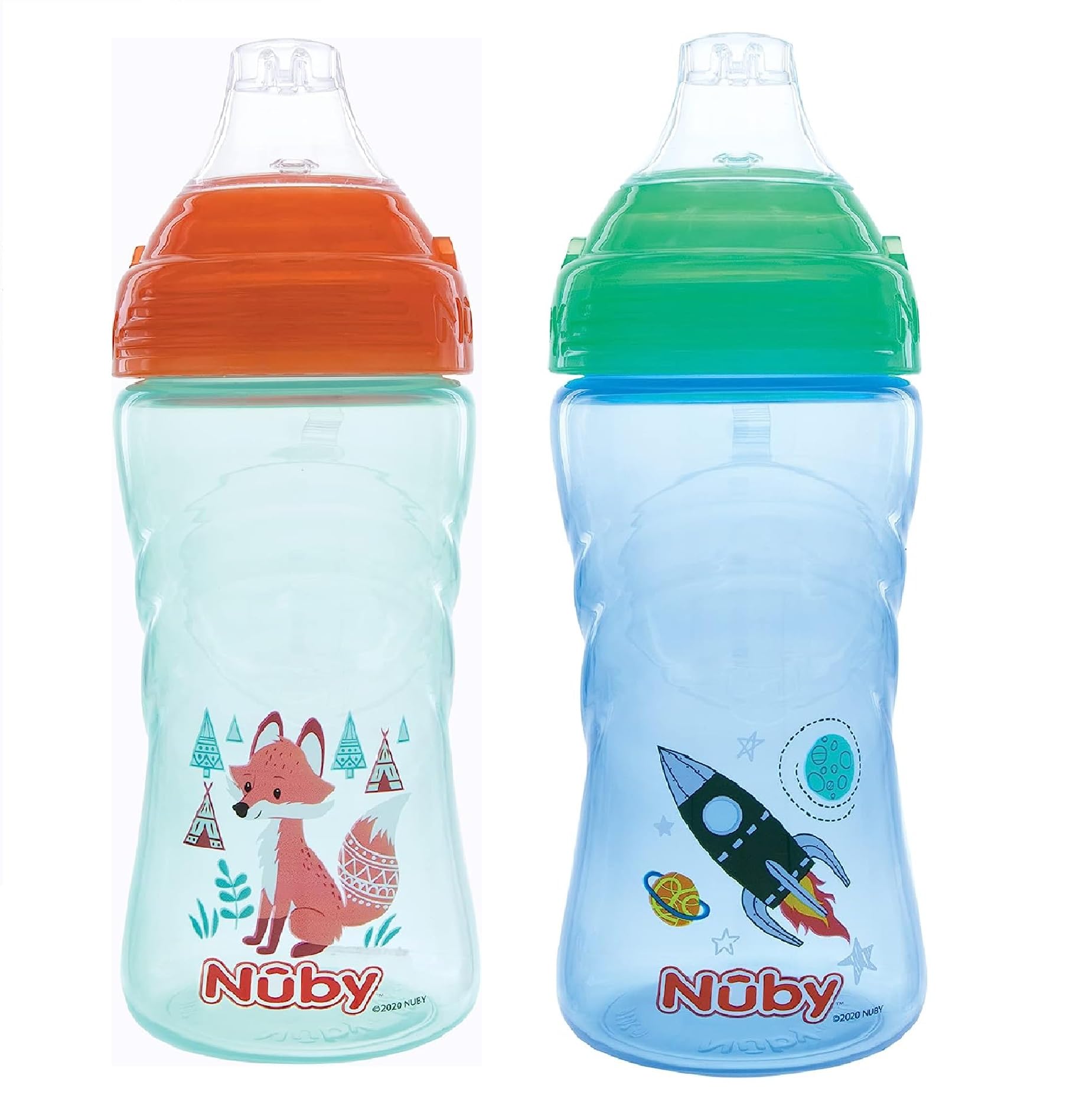 Nuby Thirsty Kids No-Spill Sip-it spout and hygienic cover, gentle on gums for on-the-go sipping.