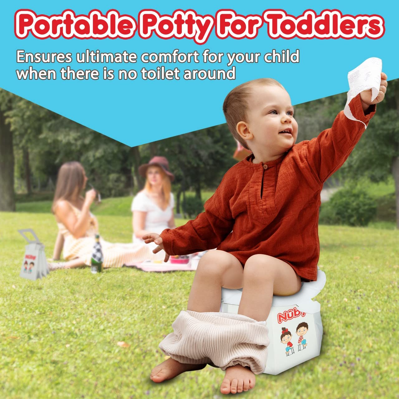 Nuby travel potty with carry handle for simple disposal and transport.