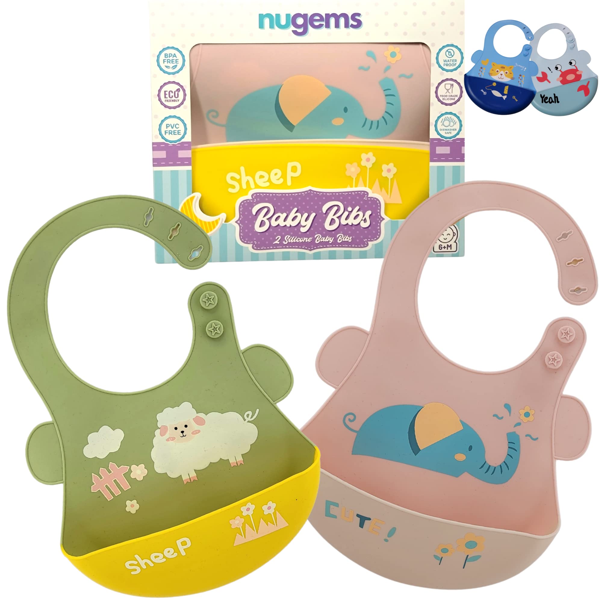 NUGEMS silicone baby bib pink yellow front view captures spills during mealtime