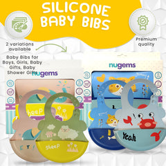 NUGEMS silicone baby bib with pocket catch area keeps clothes clean