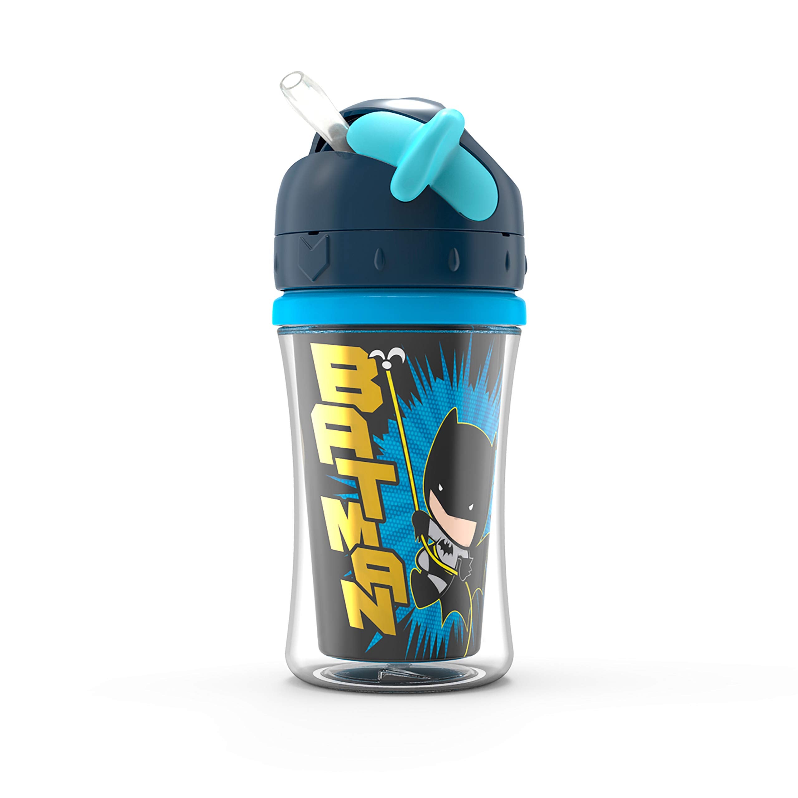 NUK Batman insulated straw cup body keeps drinks cool on the go.