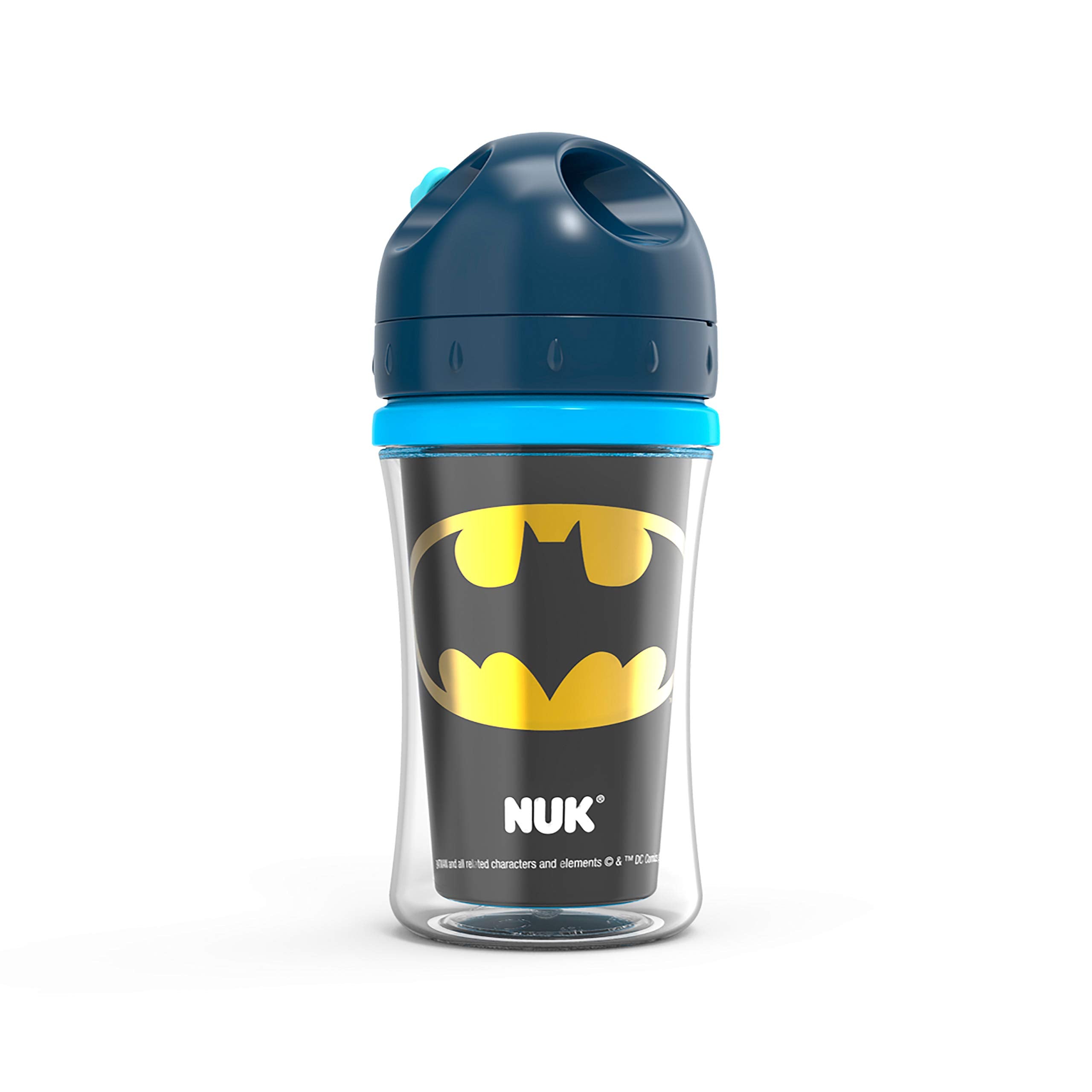 NUK Batman cup with Justice League logo engages kids during hydration.