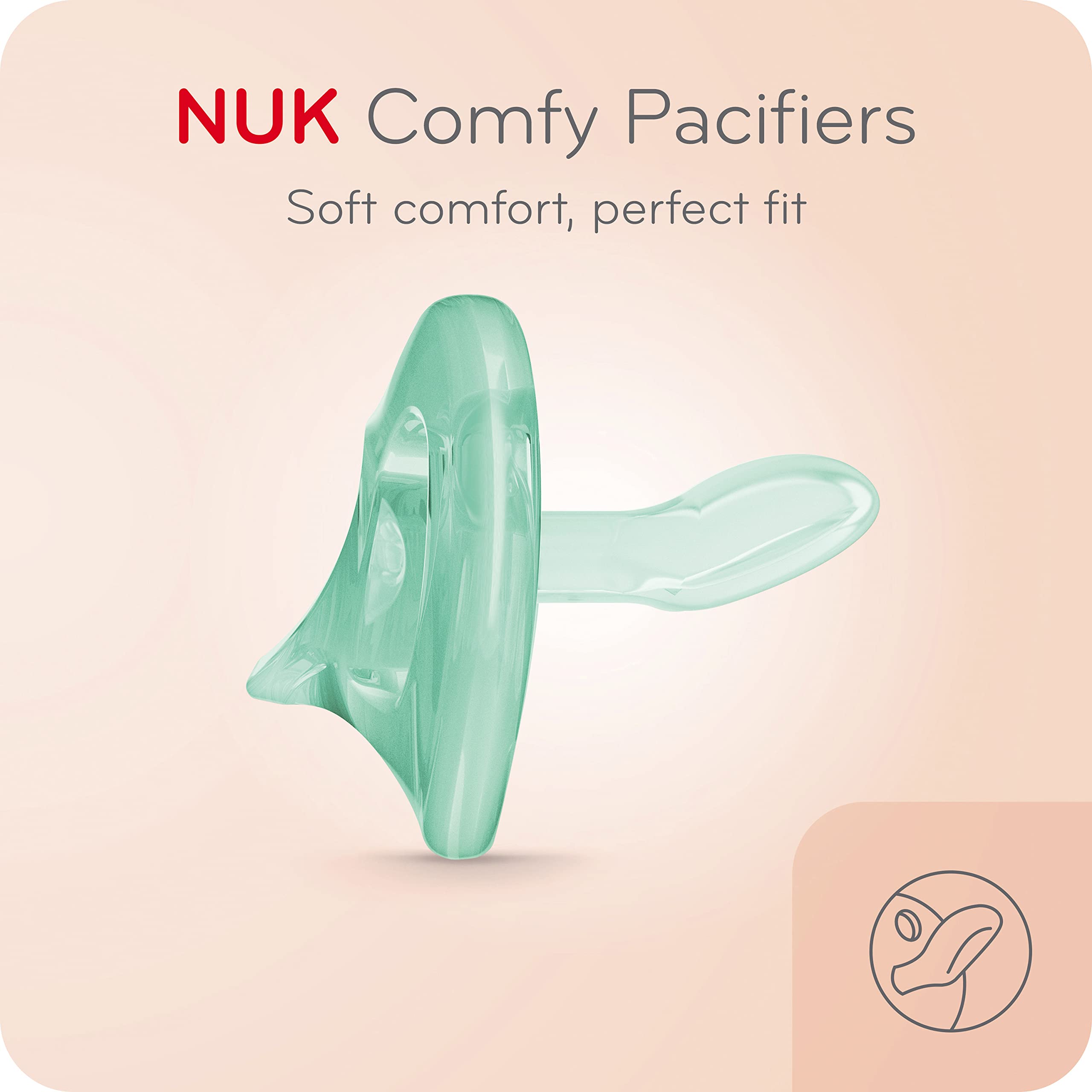 NUK Comfy Pacifier heart-shield supports nose-friendly breathing during use.